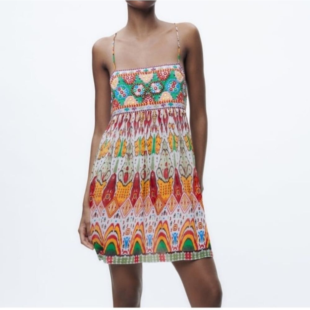 Zara strappy mini dress, bright colorful, embroidery & sequined bust